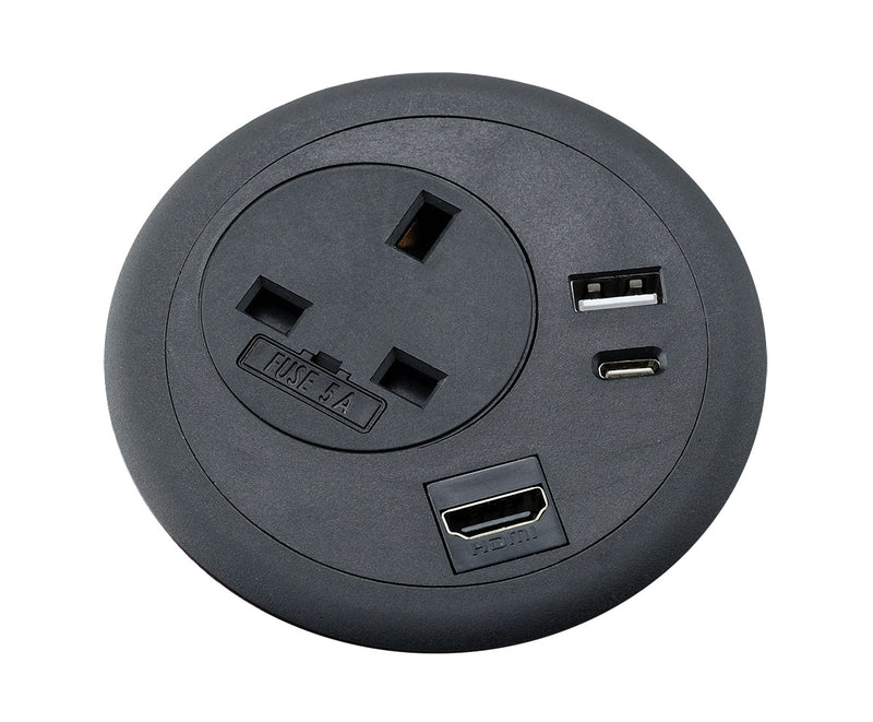 PGB80/HDMI/ACUSB - 80mm Power & USB Desk Grommet in Black + HDMI Media Slot