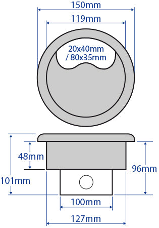 127mm Stainless Steel Power Grommet with 2 Data Spaces